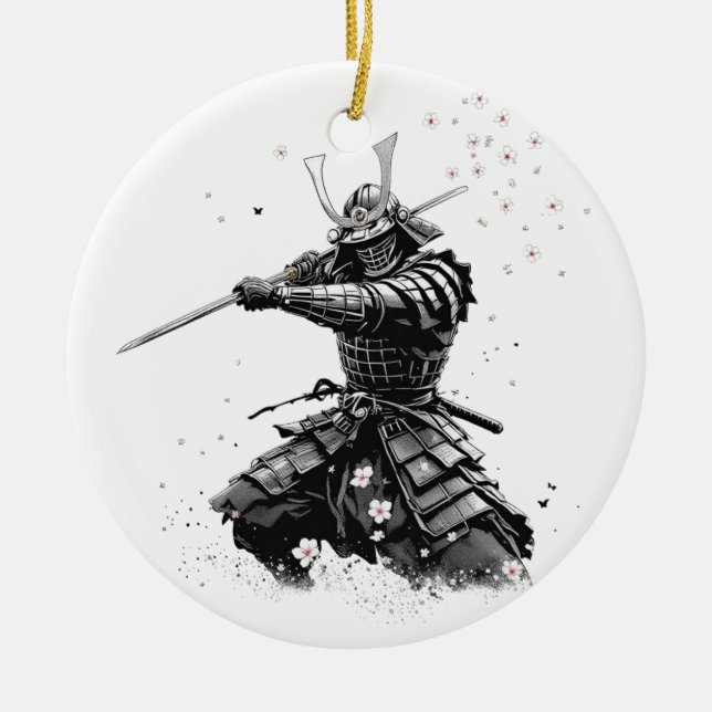 Samurai Warrior in Action Japanese Art Ceramic  Tree Decoration (Front)