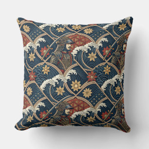 Samurai Warrior & Ocean Wave Japanese Pattern Art Cushion