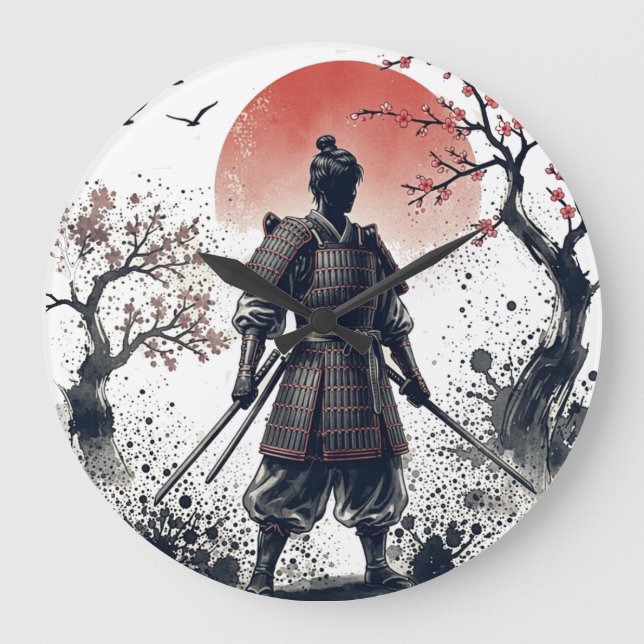 Samurai Warrior with Twin Katanas Sunset Art Large Clock (Front)