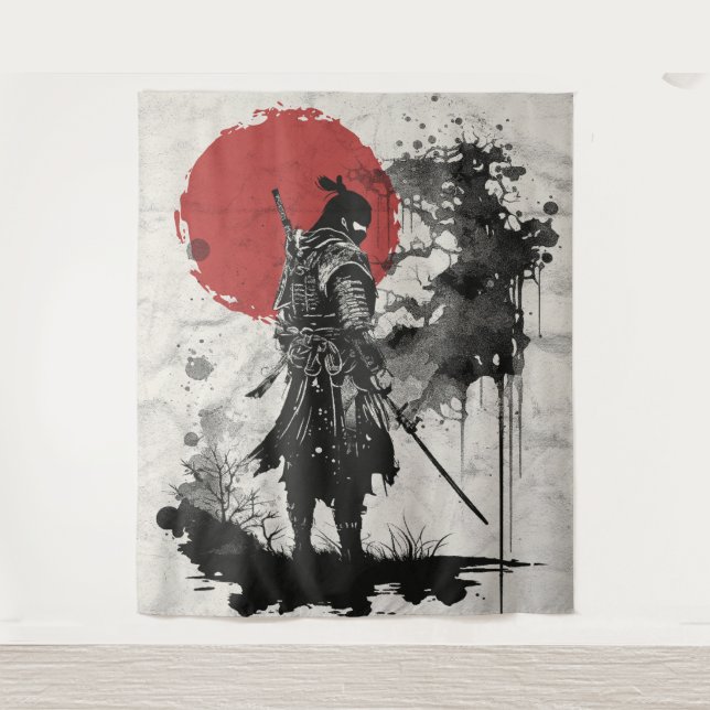 Samurai warriors, surrounded by ink sprays. tapestry (Front)