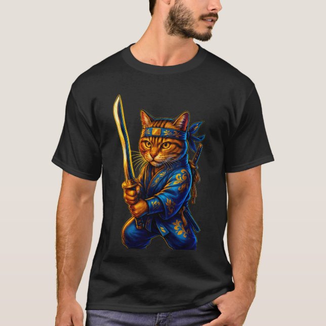 "Samurai Whiskers" – Ninja Cat Warrior T-Shirt (Front)