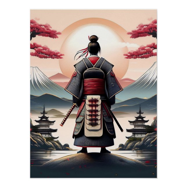 Samurai with Pagodas and Sunrise Poster (Front)