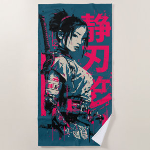 Samurai Woman Katana Street Art Japanese Kanji Des Beach Towel