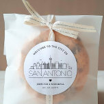 San Antonio Skyline | Wedding Welcome Favour Classic Round Sticker<br><div class="desc">Enhance your wedding welcome packages or event party favours with a custom set of welcome stickers! These elegant yet minimal-style stickers are tailored for a wedding taking place in the beautiful city of San Antonio. They feature a modern deco skyline with the name of the city integrated underneath. All elements...</div>