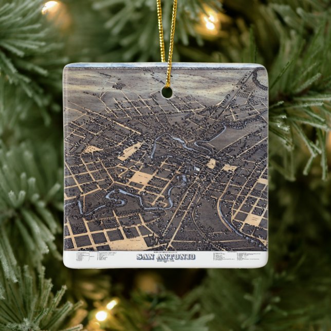 San Antonio, Texas, Antique Aerial City Map, 1873 Ceramic Ornament (Tree)