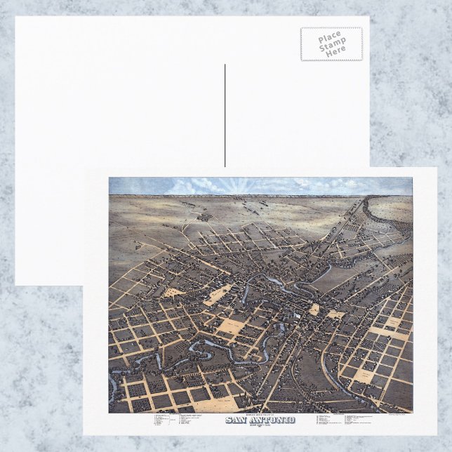 San Antonio, Texas, Antique Aerial City Map, 1873 Postcard (Creator Uploaded)