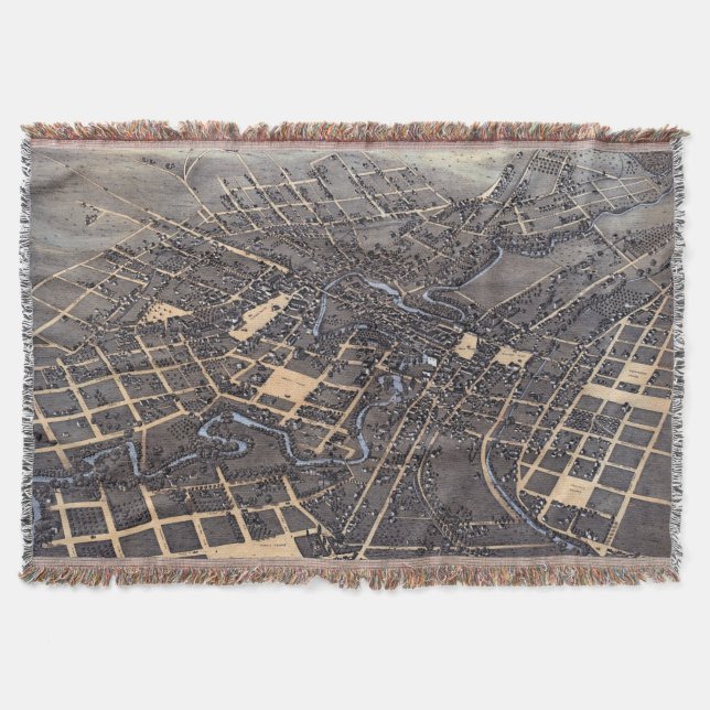 San Antonio, Texas, Antique Aerial City Map, 1873 Throw Blanket (Front)