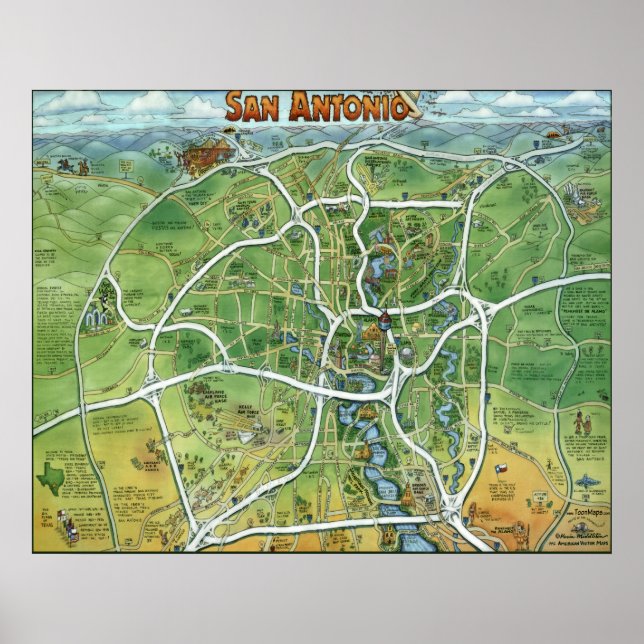 San Antonio Texas Cartoon Map Poster (Front)