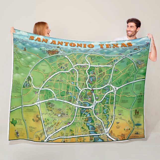 San Antonio Texas Fun Map Fleece Blanket (In Situ)