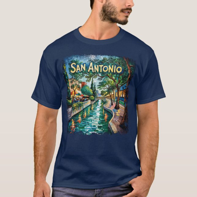 San Antonio Texas River Walk Van Gogh Vibrant City T-Shirt (Front)