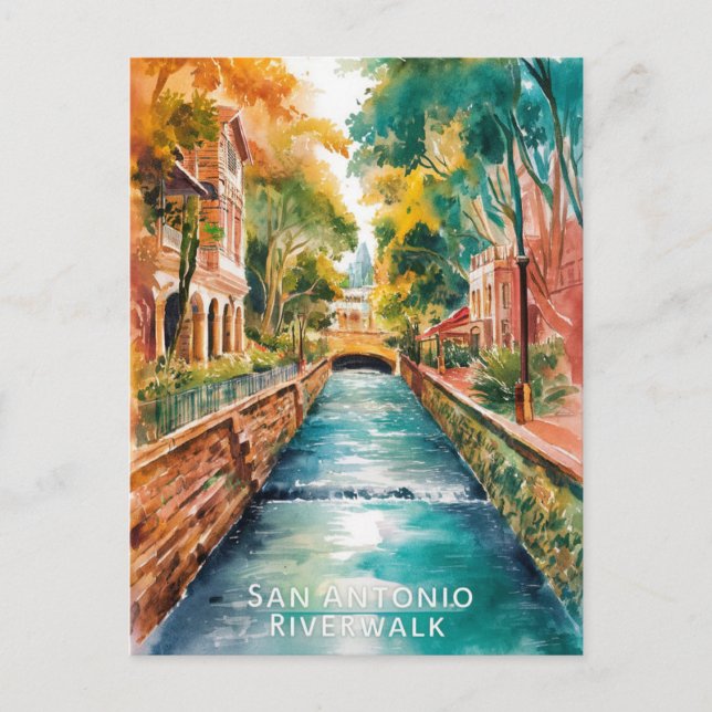  San Antonio, Texas, Riverwalk Watercolor Painting Postcard (Front)