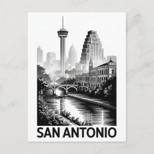San Antonio Texas Skyline Black White Woodcut Holiday Postcard