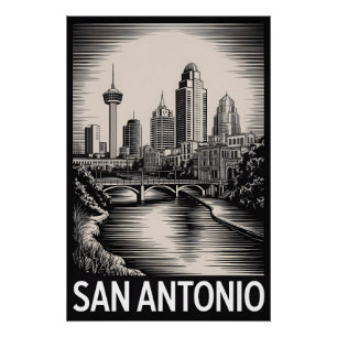 San Antonio Texas Skyline Black White Woodcut Poster