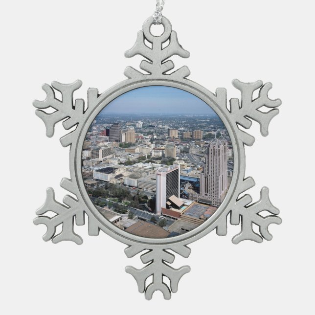 San Antonio Texas Skyline Snowflake Pewter Christmas Ornament (Front)
