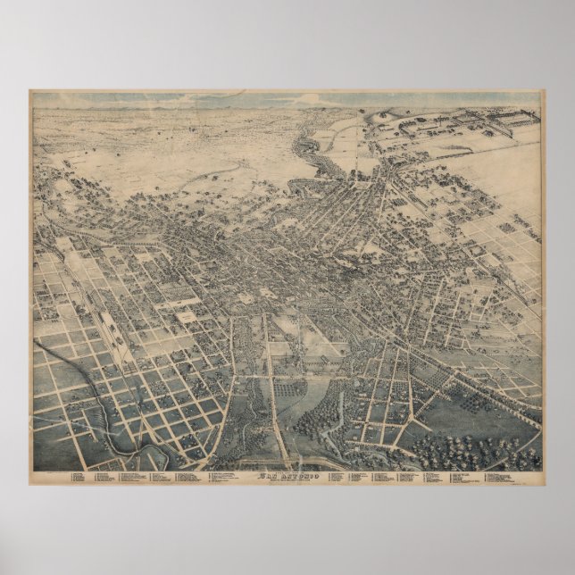 San Antonio TX Bird's Eye Panoramic Map 1886 Poster (Front)