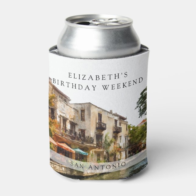 San Antonio Watercolor Birthday Weekend Can Cooler (Can Front)
