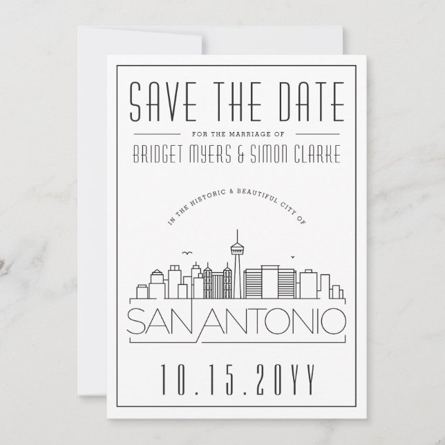 San Antonio Wedding Stylised Skyline Save the Date Invitation (Front)