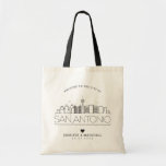 San Antonio Wedding | Stylised Skyline Tote Bag<br><div class="desc">A unique wedding tote bag for a wedding taking place in the city of San Antonio.  This tote features a stylised illustration of the city's unique skyline with its name underneath.  This is followed by your wedding day information in a matching open lined style.</div>