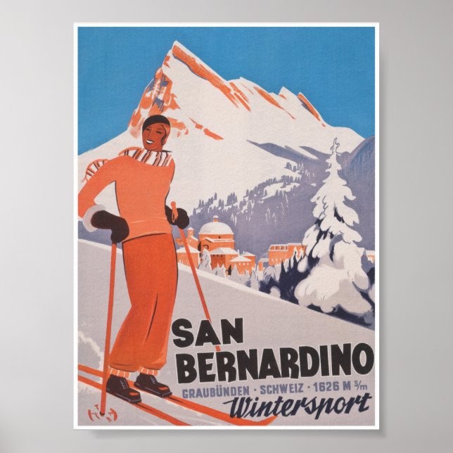 San Bernardino Switzerland Vintage Ski Travel Poster (Front)