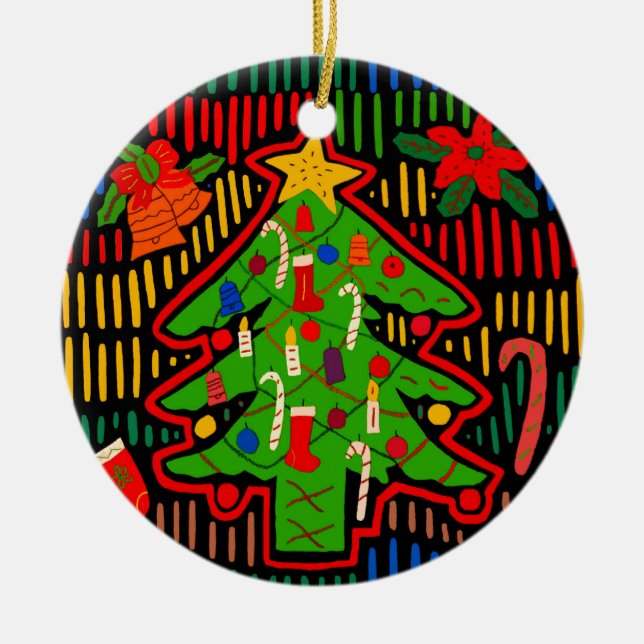 San Blas Island Christmas Tree Mola Ceramic Tree Decoration (Front)