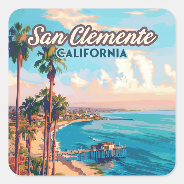 San Clemente California Beach Orange County Retro Square Sticker (Front)