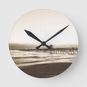 San Clemete pier California beach vintage photo Round Clock