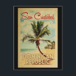San Cristobal Palm Tree Vintage Travel Postcard<br><div class="desc">A uniquely retro mid-century modern San Cristobal Dominican Republic art print in vintage travel poster style. It features a curved palm tree on sandy beach with ocean under a blue cloudy sky.</div>
