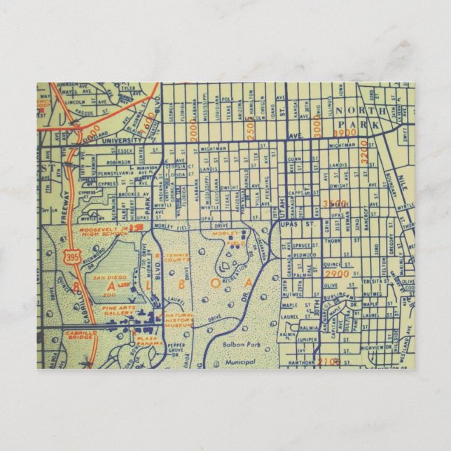 San Diego, CA Vintage Map Postcard (Front)