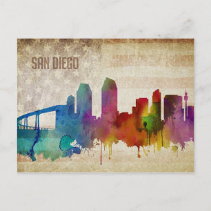 San Diego, CA   Watercolor City Skyline Postcard
