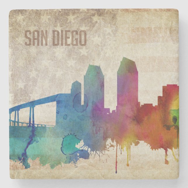 San Diego, CA | Watercolor City Skyline Stone Coaster (Front)