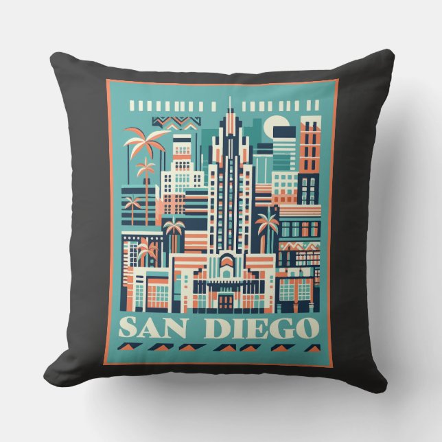 San Diego California Art Deco Cushion (Front)