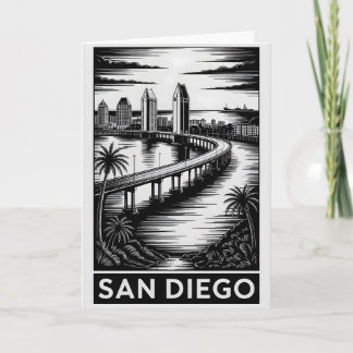 San Diego California Black White Woodcut Card