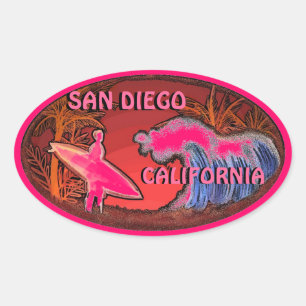 San Diego California pink surfer wave art stickers