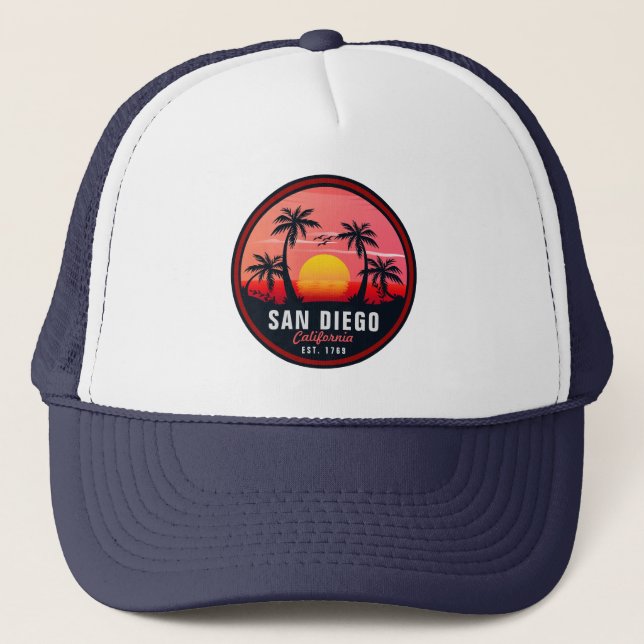 San Diego California Retro Sunset Souvenirs 60s Trucker Hat (Front)