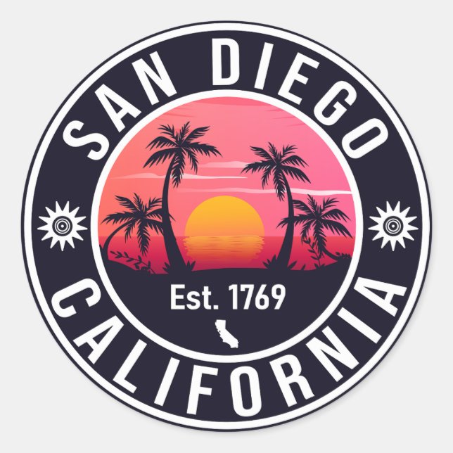 San Diego California Retro Sunset Souvenirs 80s Classic Round Sticker (Front)