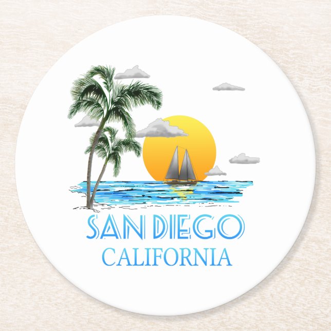 San Diego California Sailing Round Paper Coaster (Front)