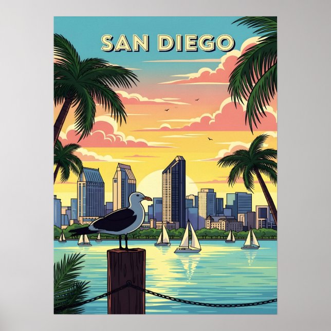 San Diego, California skyline with seagull Poster (Front)