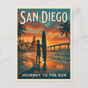 San Diego California Sunset Surf Travel Postcard