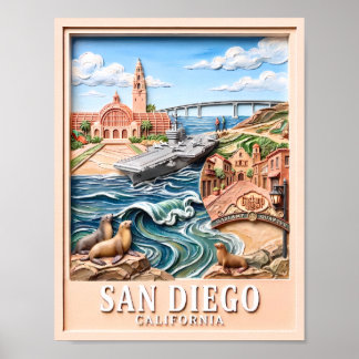 San Diego California Travel 3D Textured Landmarks Poster