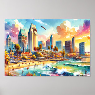 San Diego California Travel Places watercolor Poster