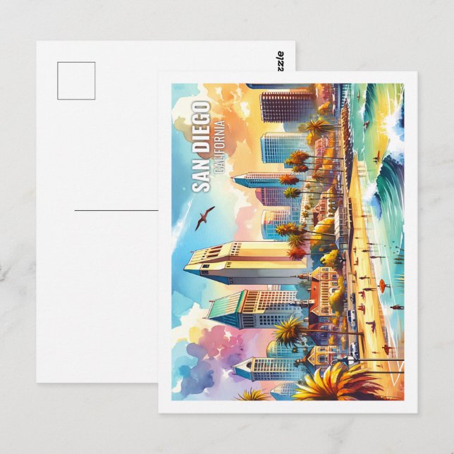 San Diego California USA Famous Place watercolor Postcard (Front/Back)