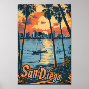 San Diego California Vintage Travel Illustration Poster