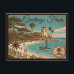 San Diego California Vintage Travel Souvenir Postcard<br><div class="desc">San Diego California Vintage Travel Souvenir. This design is for all lovers of San Diego,  California. A vintage memento of a beach and palm trees and Boat. You can edit this design and change the text.</div>