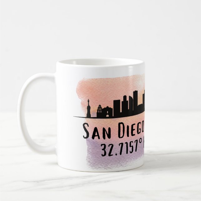 San Diego City Skyline Latitude and Longitude  Coffee Mug (Left)