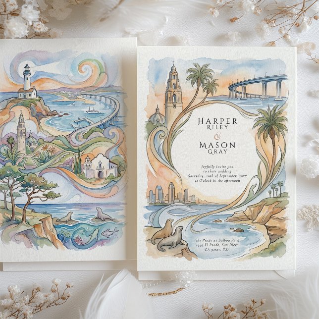 San Diego Coastal Landmarks Watercolor Wedding Invitation (Creator Uploaded)