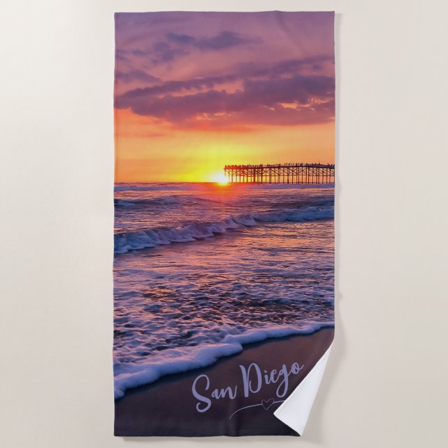 San Diego Pacific Beach Pier Sunset Towel (Front)