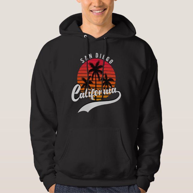 San Diego Retro Sunset And Palm Trees Black Hoodie (Front)