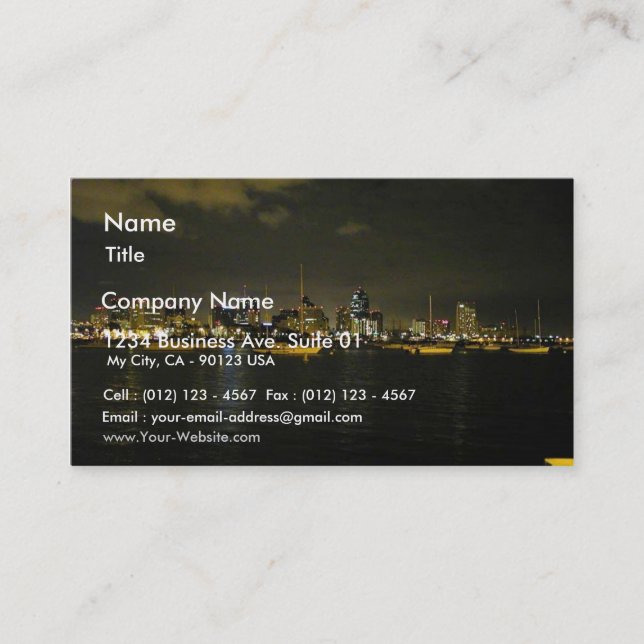 San Diego Skyline Buildings Water Sailboats Nightt Business Card (Front)