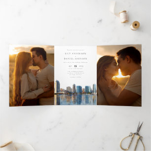San Diego Skyline QR Code 3 Photo Wedding Tri-Fold Invitation