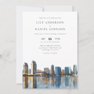 San Diego Skyline Watercolor QR Code Wedding Invitation